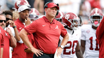 Head Coach Kalen DeBoer of the Alabama Crimson Tide on the sidelines during the first half of the game against the Florida State Seminoles at Doak S. Campbell Stadium on Bobby Bowden Field on August 30, 2025 in Tallahassee, Florida. The Seminoles upset the #8 Crimson Tide 31 to 17.