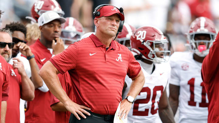 Head Coach Kalen DeBoer of the Alabama Crimson Tide on the sidelines during the first half of the game against the Florida State Seminoles at Doak S. Campbell Stadium on Bobby Bowden Field on August 30, 2025 in Tallahassee, Florida. The Seminoles upset the #8 Crimson Tide 31 to 17.