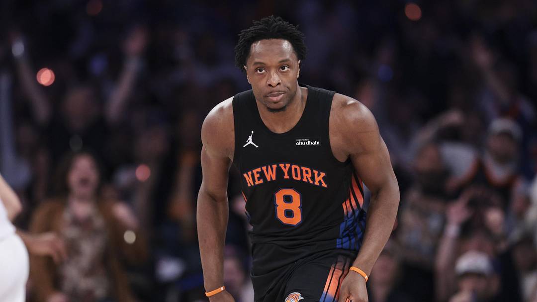 May 21, 2026; New York, New York, USA; New York Knicks forward Og Anunoby (8) reacts during the second quarter of game two of the eastern conference finals of the 2026 NBA playoffs against the Cleveland Cavaliers at Madison Square Garden. Mandatory Credit: Vincent Carchietta-Imagn Image