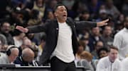 Mar 13, 2025; Charlotte, NC, USA; Georgia Tech Yellow Jackets head coach Damon Stoudamire during the first half against the Duke Blue Devils at Spectrum Center. Mandatory Credit: Jim Dedmon-Imagn Images