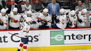 May 28, 2025; Raleigh, North Carolina, USA; Florida Panthers forward Evan Rodrigues (17) celebrates scoring a goal against the Carolina Hurricanes during the second period in game five of the Eastern Conference Final of the 2025 Stanley Cup Playoffs at Lenovo Center. Mandatory Credit: Geoff Burke-Imagn Images