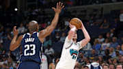 Memphis Grizzlies guard Cam Spencer (24) shoots for three as Dallas Mavericks forward Kai Jones.