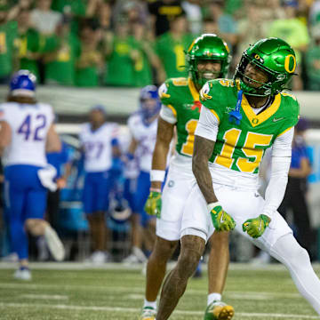 Oregon wide receiver Tez Johnson celebrates a carry as the Oregon Ducks host the Boise State Broncos Saturday, Sept. 7, 2024 at Autzen Stadium in Eugene, Ore.