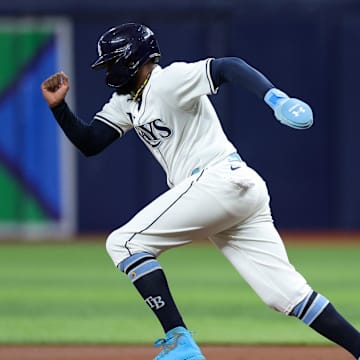 Tampa Bay Rays third baseman Junior Caminero (13) runs to second base against the Minnesota Twins in the first inning at Tropicana Field on Sept 2.