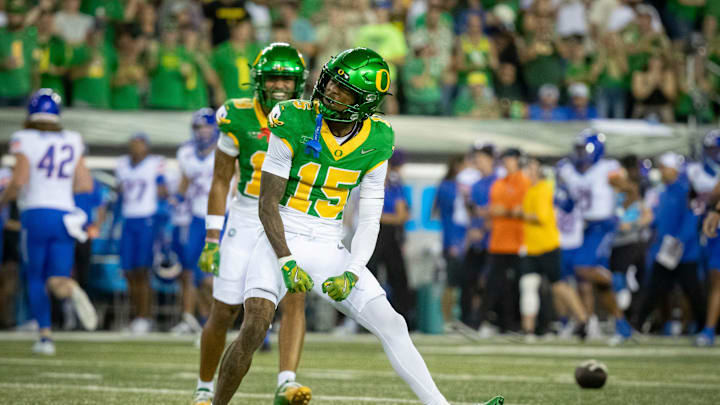 Oregon wide receiver Tez Johnson celebrates a carry as the Oregon Ducks host the Boise State Broncos Saturday, Sept. 7, 2024 at Autzen Stadium in Eugene, Ore.