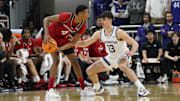 Jan 29, 2025; Evanston, Illinois, USA;Northwestern Wildcats guard Brooks Barnhizer (13) defends Rutgers Scarlet Knights guard Ace Bailey (4) during the second half at Welsh-Ryan Arena. Mandatory Credit: David Banks-Imagn Images
