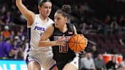 March 10, 2025; Las Vegas, NV, USA; Washington State Cougars guard Eleonora Villa (10) dribbles the basketball against Portland Pilots guard Emme Shearer (5) during the second half in the semifinal of the West Coast Conference tournament at Orleans Arena. Mandatory Credit: Kyle Terada-Imagn Images
