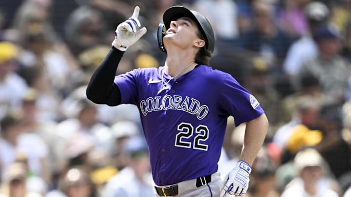 Colorado Rockies right fielder Mickey Moniak (22) points skyward after hitting a solo home run during the fourth inning against the San Diego Padres at Petco Park. Colorado Rockies right fielder Mickey Moniak (22) points skyward after hitting a solo home run during the fourth inning against the San Diego Padres at Petco Park.