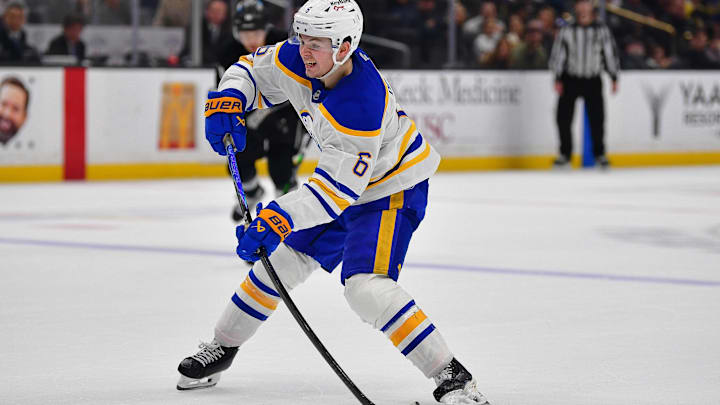 Mar 21, 2026; Los Angeles, California, USA; Buffalo Sabres left wing Zach Benson (6) scores an empty net goal against the Los Angeles Kings during the third period at Crypto.com Arena. Mandatory Credit: Gary A. Vasquez-Imagn Images
