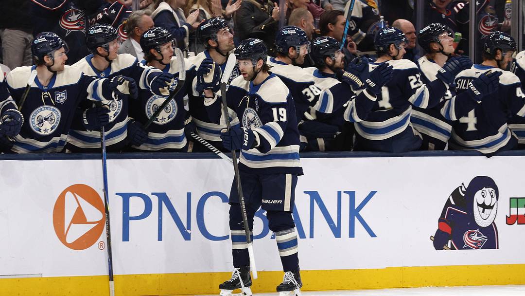 Mar 31, 2026; Columbus, Ohio, USA; Columbus Blue Jackets center Adam Fantilli (19) celebrates his goal against the Carolina Hurricanes during the third period at Nationwide Arena. Mandatory Credit: Russell LaBounty-Imagn Images