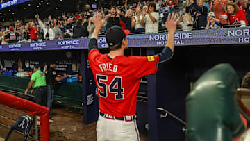 Sep 27, 2024; Atlanta, Georgia, USA; Atlanta Braves starting pitcher Max Fried (54) acknowledges fans after a victory over the Kansas City Royals at Truist Park. Mandatory Credit: Brett Davis-Imagn Images