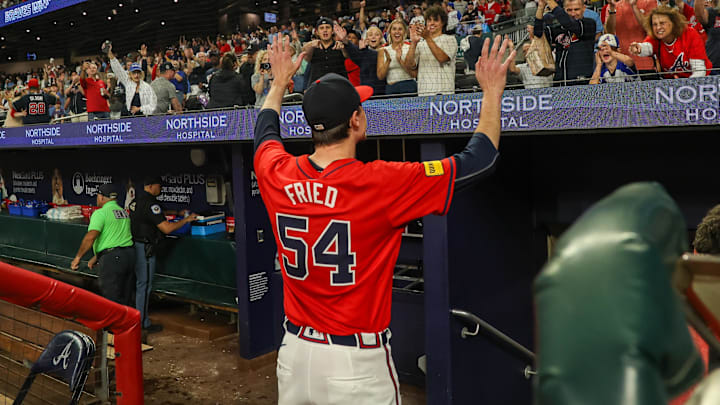 Sep 27, 2024; Atlanta, Georgia, USA; Atlanta Braves starting pitcher Max Fried (54) acknowledges fans after a victory over the Kansas City Royals at Truist Park. Mandatory Credit: Brett Davis-Imagn Images