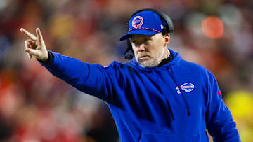 Jan 26, 2025; Kansas City, MO, USA; Buffalo Bills head coach Sean McDermott against the Kansas City Chiefs during the AFC Championship game at GEHA Field at Arrowhead Stadium. Mandatory Credit: Mark J. Rebilas-Imagn Images