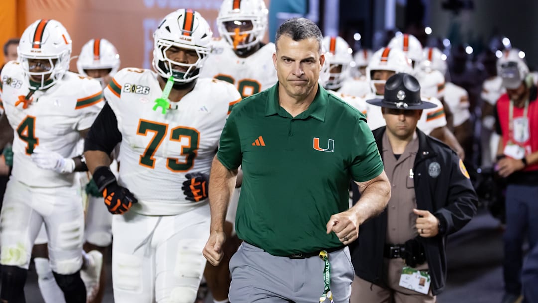 Jan 19, 2026; Miami Gardens, FL, USA; Miami Hurricanes head coach Mario Cristobal against the Indiana Hoosiers during the College Football Playoff National Championship game at Hard Rock Stadium. Mandatory Credit: Mark J. Rebilas-Imagn Images