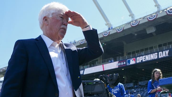 Mar 28, 2024; Kansas City, Missouri, USA; Kansas City Royals owner John Sherman prior to a game against the Minnesota Twins at Kauffman Stadium. Mandatory Credit: Jay Biggerstaff-Imagn Images