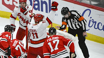 Jan 20, 2025; Chicago, Illinois, USA;  Carolina Hurricanes center Jordan Staal (11) reacts after scoring a goal against the Chicago Blackhawks during the third period at the United Center. Mandatory Credit: Matt Marton-Imagn Image