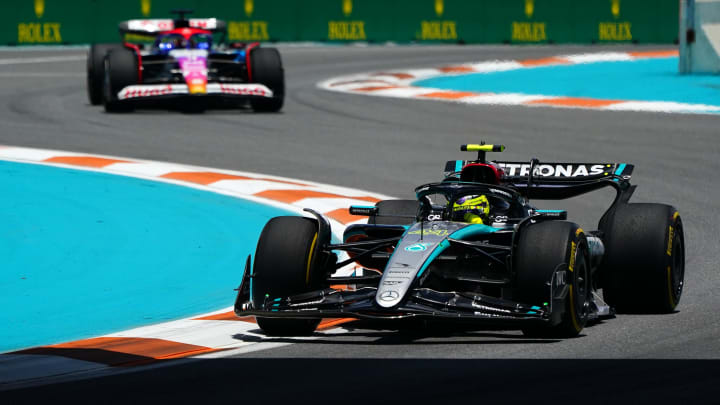 May 3, 2024; Miami Gardens, Florida, USA; Mercedes driver Lewis Hamilton (44) races into turn three during F1 practice at Miami International Autodrome. Mandatory Credit: John David Mercer-USA TODAY Sports