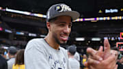 May 31, 2025; Indianapolis, Indiana, USA; Indiana Pacers guard Tyrese Haliburton (0) reacts after game six of the eastern conference finals against the New York Knicks for the 2025 NBA Playoffs at Gainbridge Fieldhouse. Mandatory Credit: Trevor Ruszkowski-Imagn Images