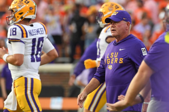 LSU Tigers head coach Brian Kelly takes to the field Saturday. 