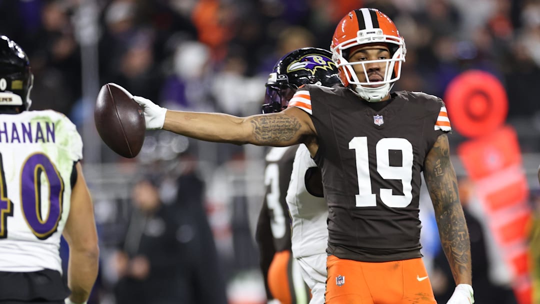 Nov 16, 2025; Cleveland, Ohio, USA;  Cleveland Browns wide receiver Cedric Tillman (19) reacts after a run for a gain during the second quarter against the Baltimore Ravens at Huntington Bank Field. Mandatory Credit: Scott Galvin-Imagn Images