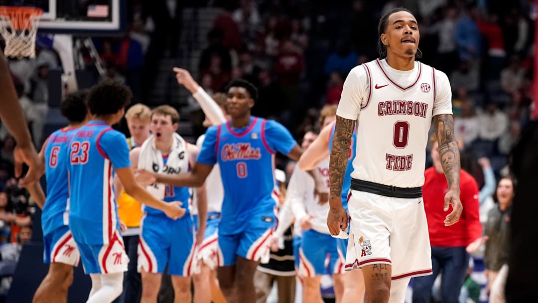 Alabama guard Labaron Philon (0) reacts after Mississippi won a SEC tournament quarterfinal game at Bridgestone Arena in Nashville, Tenn., Friday, March 13, 2026.