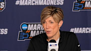 Iowa coach Jan Jensen at NCAA Women's basketball first round at the Lloyd Noble Center on the University of Oklahoma campus in Norman, Oklahoma Friday, March 21, 2025.