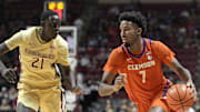 Feb 15, 2025; Tallahassee, Florida, USA; Clemson Tigers forward Chauncey Wiggins (7) drives around Florida State Seminoles forward Alier Maluk (21) during the second half at Donald L. Tucker Center. Mandatory Credit: Melina Myers-Imagn Images