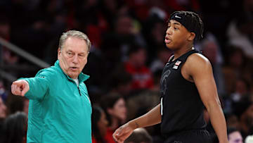 Michigan State head coach Tom Izzo, Michigan State guard Jeremy Fears Jr.