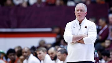 Jan 4, 2025; Blacksburg, Virginia, USA; Virginia Tech Hokies head coach Mike Young looks on during the second half against the Miami Hurricanes at Cassell Coliseum. Mandatory Credit: Peter Casey-Imagn Images