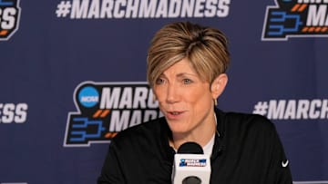 Iowa coach Jan Jensen at NCAA Women's basketball first round at the Lloyd Noble Center on the University of Oklahoma campus in Norman, Oklahoma Friday, March 21, 2025.