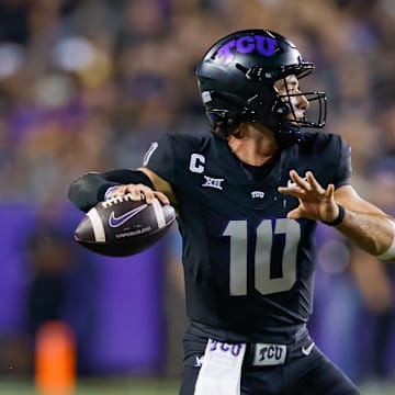 Sep 14, 2024; Fort Worth, Texas, USA; TCU Horned Frogs quarterback Josh Hoover (10) throws a pass during the first quarter against the UCF Knights at Amon G. Carter Stadium. Mandatory Credit: Andrew Dieb-Imagn Images