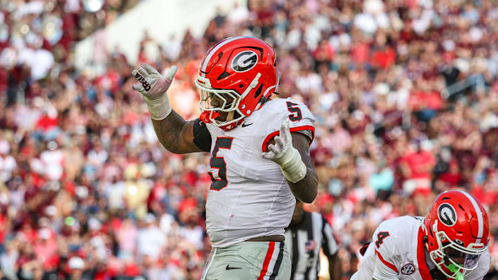Nov 8, 2025; Starkville, Mississippi, USA; Mississippi State Bulldogs defensive back Stonka Burnside (5) reacts against the Mississippi State Bulldogs during the second half at Davis Wade Stadium at Scott Field. Mandatory Credit: Wesley Hale-Imagn Images