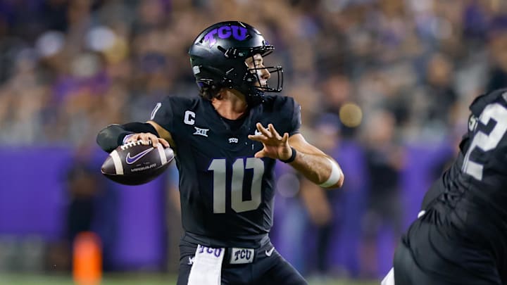 Sep 14, 2024; Fort Worth, Texas, USA; TCU Horned Frogs quarterback Josh Hoover (10) throws a pass during the first quarter against the UCF Knights at Amon G. Carter Stadium. Mandatory Credit: Andrew Dieb-Imagn Images