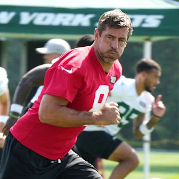 Florham Park, NJ -- July 27, 2024 -- Quarterback, Aaron Rodgers during New York Jets training camp this morning.