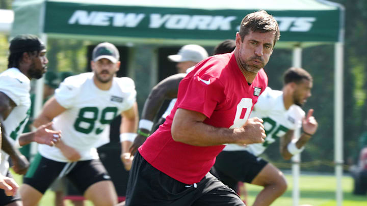 Florham Park, NJ -- July 27, 2024 -- Quarterback, Aaron Rodgers during New York Jets training camp this morning.