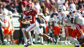 Nov 16, 2024; Tuscaloosa, Alabama, USA; Alabama Crimson Tide wide receiver Ryan Williams (2) runs the ball against the Mercer Bears during the first quarter at Bryant-Denny Stadium. Mandatory Credit: Will McLelland-Imagn Images