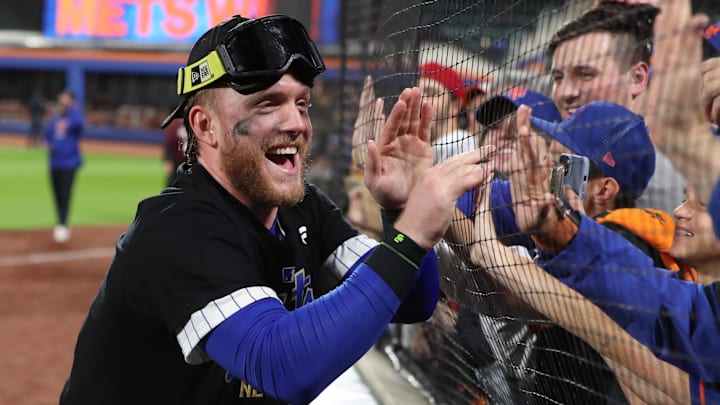 Oct 9, 2024; New York, New York, USA; New York Mets outfielder Harrison Bader celebrates after defeating the Philadelphia Phillies in game four of the NLDS for the 2024 MLB Playoffs at Citi Field. Mandatory Credit: Wendell Cruz-Imagn Images