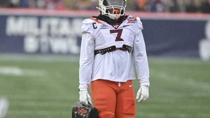 Dec 27, 2023; Annapolis, MD, USA; Virginia Tech Hokies defensive lineman Norell Pollard (3) walks to the locker room before the game against the Tulane Green Wave  at Navy-Marine Corps Memorial Stadium. Mandatory Credit: Tommy Gilligan-USA TODAY Sports