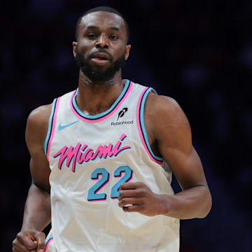 Mar 8, 2025; Miami, Florida, USA; Miami Heat forward Andrew Wiggins (22) looks on against the Chicago Bulls during the third quarter at Kaseya Center. Mandatory Credit: Sam Navarro-Imagn Images