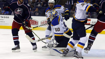 Sep 22, 2015; Columbus, OH, USA; St. Louis Blues goalie Jordan Bennington (50) makes a save as Columbus Blue Jackets left wing Ryan Craig (12) looks for a rebound during the second period at Nationwide Arena. Mandatory Credit: Russell LaBounty-USA TODAY Sports