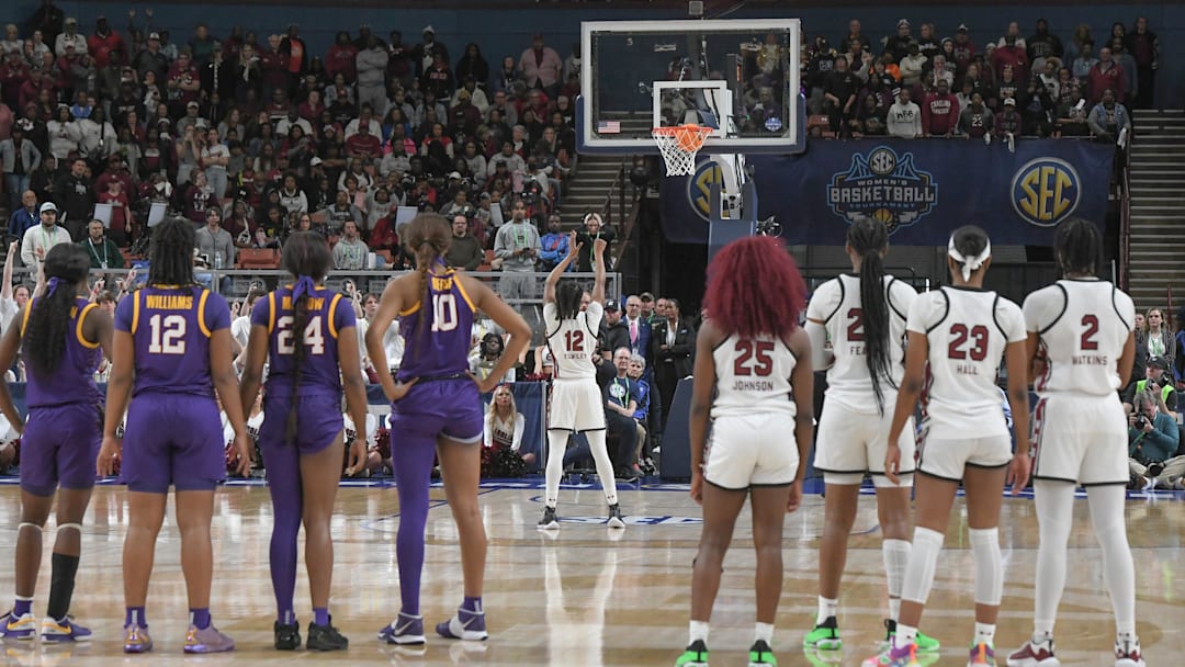 South Carolina guard MiLaysia Fulwiley (12) makes a technical foul shot after both teams scuffled on the court, during the fourth quarter of the SEC Women's Basketball Tournament Championship game at the Bon Secours Wellness Arena in Greenville, S.C. Sunday, March 10, 2024.