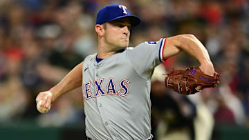 Aug 23, 2024; Cleveland, Ohio, USA; Texas Rangers relief pitcher David Robertson (37) throws a pitch during the eighth inning against the Cleveland Guardians at Progressive Field. Mandatory Credit: Ken Blaze-Imagn Images