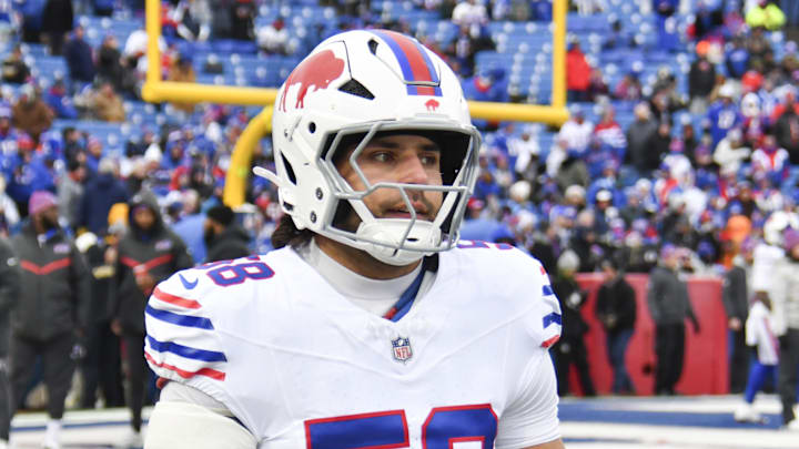 Nov 16, 2025; Orchard Park, New York, USA;  Buffalo Bills linebacker Matt Milano (58) warms up prior to the game against the Tampa Bay Buccaneers at Highmark Stadium. Mandatory Credit: Mark Konezny-Imagn Images