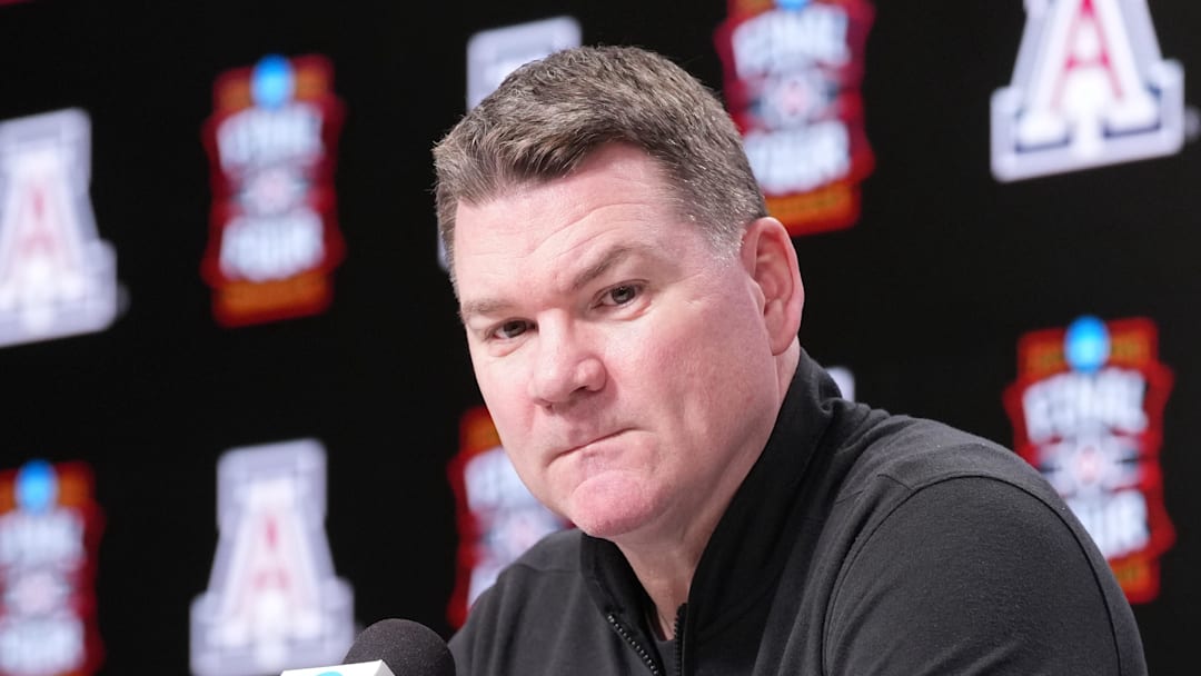 Apr 2, 2026; Indianapolis, IN, USA; Arizona head coach Tommy Lloyd during a press conference ahead of the Final Four of the men's 2026 NCAA Tournament at Lucas Oil Stadium.