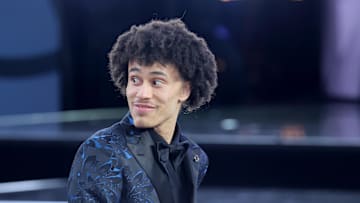 Jun 25, 2025; Brooklyn, NY, USA;  Nolan Traore reacts after being selected as the 19th pick by the Brooklyn Nets in the first round of the 2025 NBA Draft at Barclays Center. Mandatory Credit: Brad Penner-Imagn Images