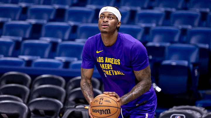 Apr 14, 2024; New Orleans, Louisiana, USA; Los Angeles Lakers forward Jarred Vanderbilt (2) during warmups before the game against the New Orleans Pelicans at Smoothie King Center. Mandatory Credit: Stephen Lew-Imagn Images