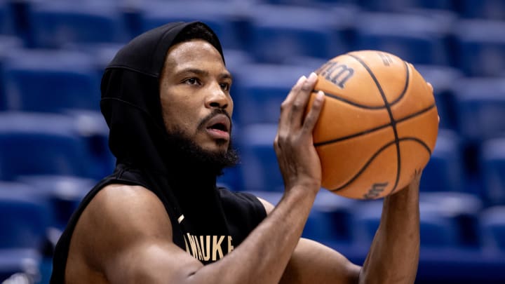 Mar 28, 2024; New Orleans, Louisiana, USA;  Milwaukee Bucks guard Malik Beasley (5) during warmups before the game against the New Orleans Pelicans at Smoothie King Center. Mandatory Credit: Stephen Lew-USA TODAY Sports