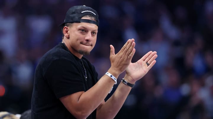 Jun 12, 2024; Dallas, Texas, USA; Kansas City Chiefs quarterback Patrick Mahomes reacts after a play during the second quarter during game three of the 2024 NBA Finals between the Boston Celtics and the Dallas Mavericks at American Airlines Center. 