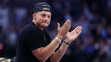 Jun 12, 2024; Dallas, Texas, USA; Kansas City Chiefs quarterback Patrick Mahomes reacts after a play during the second quarter during game three of the 2024 NBA Finals between the Boston Celtics and the Dallas Mavericks at American Airlines Center. Mandatory Credit: Kevin Jairaj-Imagn Images