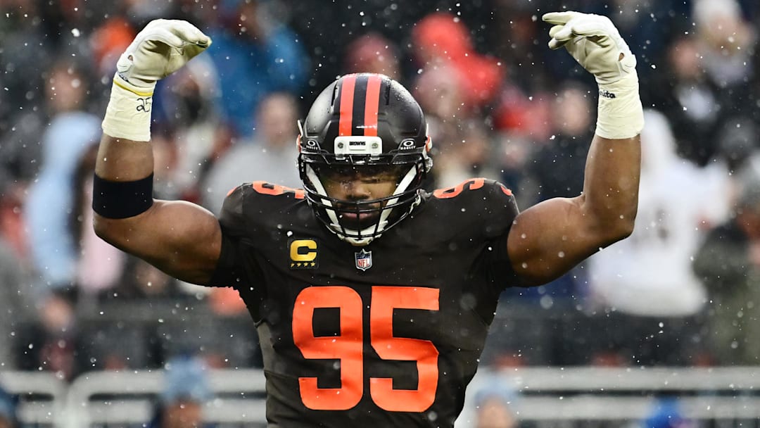 Dec 7, 2025; Cleveland, Ohio, USA; Cleveland Browns defensive end Myles Garrett (95) riles up the crowd against the Tennessee Titans during the fourth quarter at Huntington Bank Field. Mandatory Credit: Ken Blaze-Imagn Images